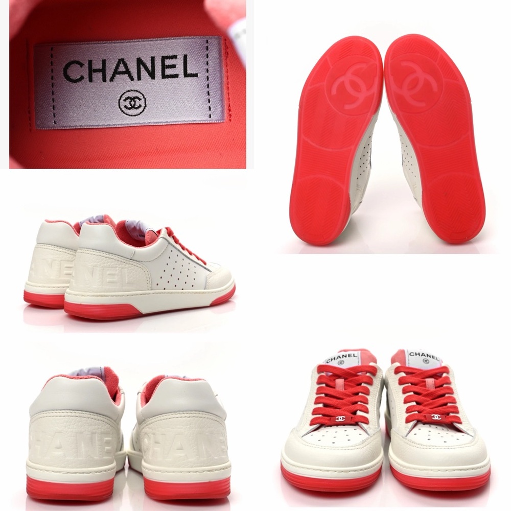 CHANEL Grained Calfskin Fabric Womens Logo Sneakers 39 White Red - Picture 15 of 15